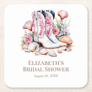 Boho Pink Coastal Cowgirl Boots Bridal Shower Square Paper Coaster