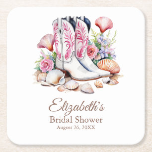 Boho Pink Coastal Cowgirl Boots Bridal Shower Square Paper Coaster