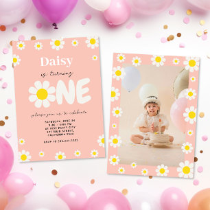 Boho Pink Cute Daisy 1st Birthday Flower Photo  Invitation