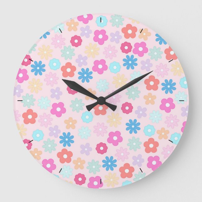 Boho Pink Daisy Flowers Pattern Large Clock (Front)