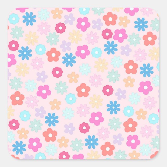 Boho Pink Daisy Flowers Pattern Square Sticker (Front)