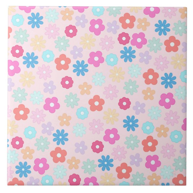 Boho Pink Daisy Flowers Pattern Tile (Front)