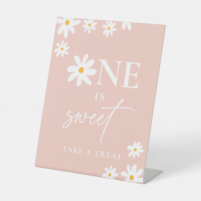 Boho Pink Daisy Groovy Birthday One Is Sweet Pedestal Sign (Front)