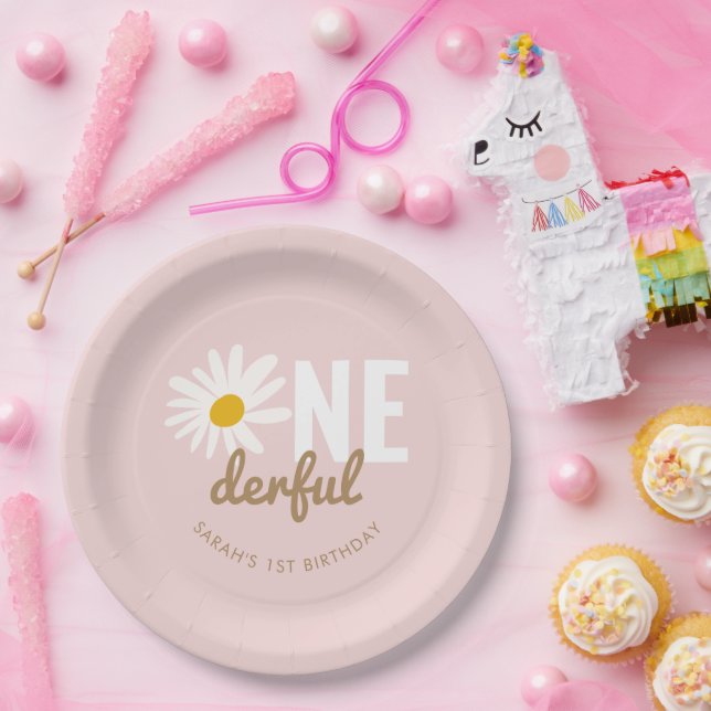 Boho Pink Daisy ONEderful 1st Birthday Party Paper Plate (Party)