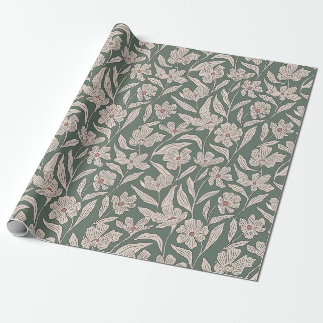 Boho Pink & Dark Green Hand Drawn Floral Pattern Wrapping Paper (Unrolled)