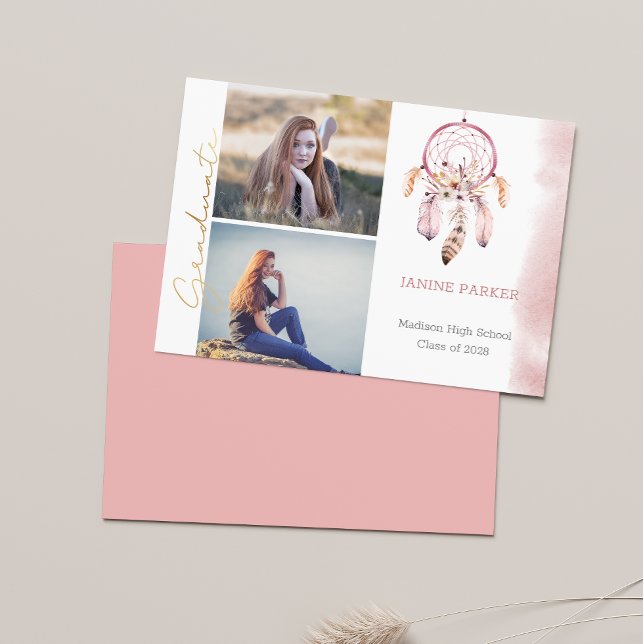 Boho Pink Dream Catcher Add Your Photos Graduation Announcement (Creator Uploaded)