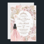 Boho Pink Dried Floral Roses Sweet 16 Birthday Inv Invitation<br><div class="desc">Birthday invitation in an elegant boho style. Blush pink and white roses,  dried floral,  palm and pampas grass and a girl in a beautiful matching gown. 

Check the shop for this invitation with girls in different hair colours and skin tones and more variations.</div>