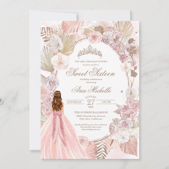 Boho Pink Dried Floral Roses Sweet 16 Birthday Inv Invitation (Front)