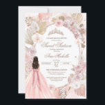 Boho Pink Dried Floral Roses Sweet 16 Birthday Invitation<br><div class="desc">Birthday invitation in an elegant boho style. Blush pink and white roses,  dried floral,  palm and pampas grass and a girl in a beautiful matching gown. 

Check the shop for this invitation with girls in different hair colours and skin tones and more variations.</div>