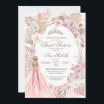 Boho Pink Dried Floral Roses Sweet 16 Birthday Invitation<br><div class="desc">Birthday invitation in an elegant boho style. Blush pink and white roses,  dried floral,  palm and pampas grass and a girl in a beautiful matching gown. 

Check the shop for this invitation with girls in different hair colours and skin tones and more variations.</div>