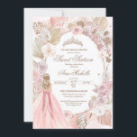 Boho Pink Dried Floral Roses Sweet 16 Birthday Invitation<br><div class="desc">Birthday invitation in an elegant boho style. Blush pink and white roses,  dried floral,  palm and pampas grass and a girl in a beautiful matching gown. 

Check the shop for this invitation with girls in different hair colours and skin tones and more variations.</div>