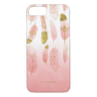 Boho Pink Feathers Faux Gold Foil Personalized