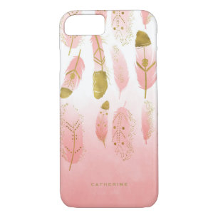 Boho Pink Feathers Faux Gold Foil Personalized Case-Mate iPhone Case