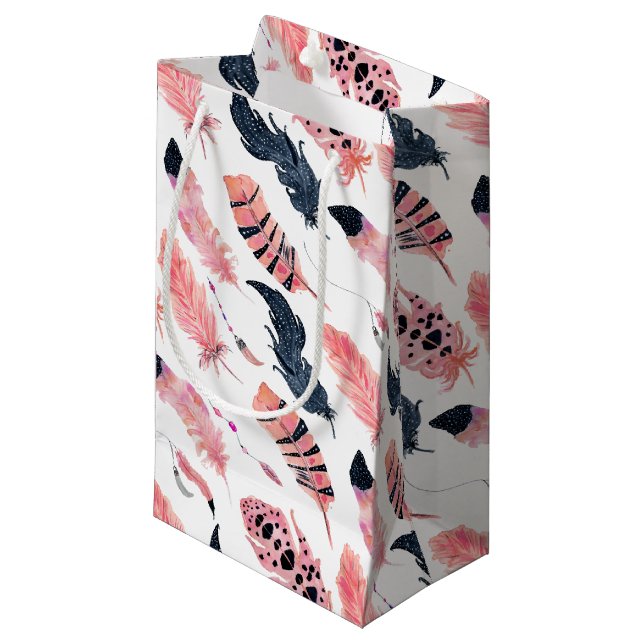 Boho Pink Feathers Small Gift Bag (Front Angled)