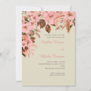 Boho Pink Floral Autumn Bamboo Wedding Invitation