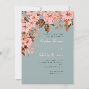 Boho Pink Floral Autumn Green Wedding Invitation