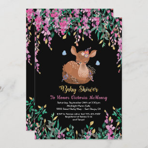 Boho Pink Floral Baby Deer Shower Invitation