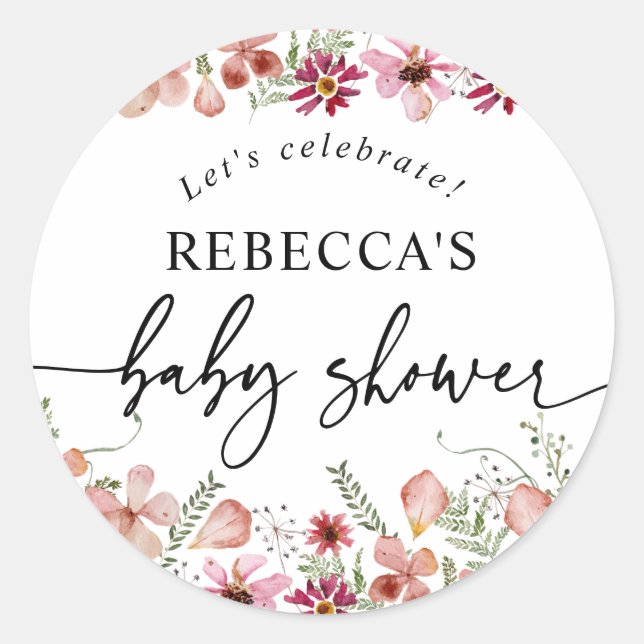Boho Pink Floral Baby Shower Round Envelope Seal (Front)