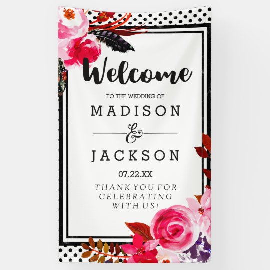 Boho Pink Floral & Black Polka Dot Wedding Welcome Banner