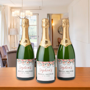 Boho Pink Floral Bridal Shower Party Sparkling Wine Label