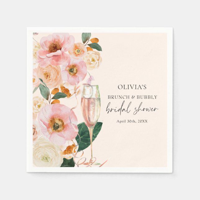 Boho Pink Floral Brunch & Bubbly Bridal Shower Napkin (Front)