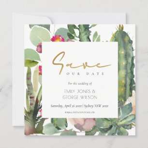 BOHO PINK FLORAL CACTI FOLIAGE SAVE THE DATE INVITATION