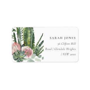 BOHO PINK FLORAL CACTI FOLIAGE WATERCOLOR ADDRESS LABEL