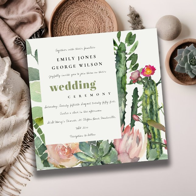 BOHO PINK FLORAL CACTI FOLIAGE WATERCOLOR WEDDING INVITATION (Creator Uploaded)