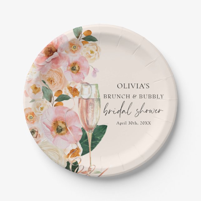Boho Pink Floral Champagne Brunch & Bubbly Paper Plate (Front)
