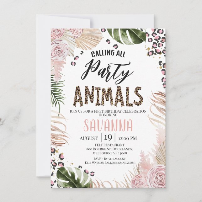 Boho Pink Floral Cheetah Print Safari 1st Birthday Invitation (Front)