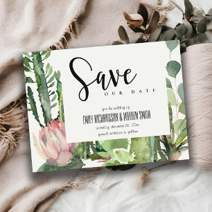 BOHO PINK FLORAL DESERT CACTI FAUNA SAVE THE DATE ANNOUNCEMENT POSTCARD