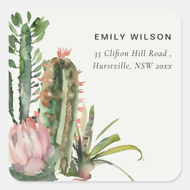 BOHO PINK FLORAL DESERT CACTI FOLIAGE ADDRESS SQUARE STICKER (Front)