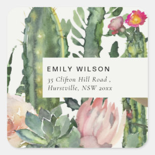 BOHO PINK FLORAL DESERT CACTI FOLIAGE ADDRESS SQUARE STICKER
