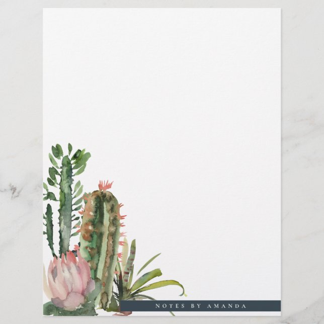 BOHO PINK FLORAL DESERT CACTI FOLIAGE WATERCOLOR LETTERHEAD (Front)