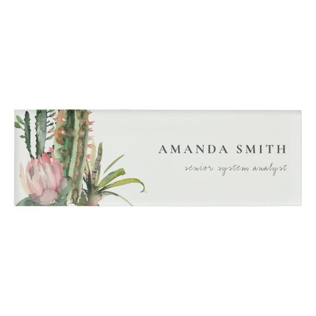 BOHO PINK FLORAL DESERT CACTI FOLIAGE WATERCOLOR NAME TAG (Front)