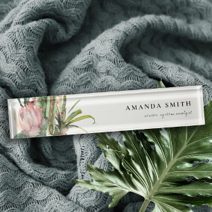 BOHO PINK FLORAL DESERT CACTI FOLIAGE WATERCOLOR NAMEPLATE
