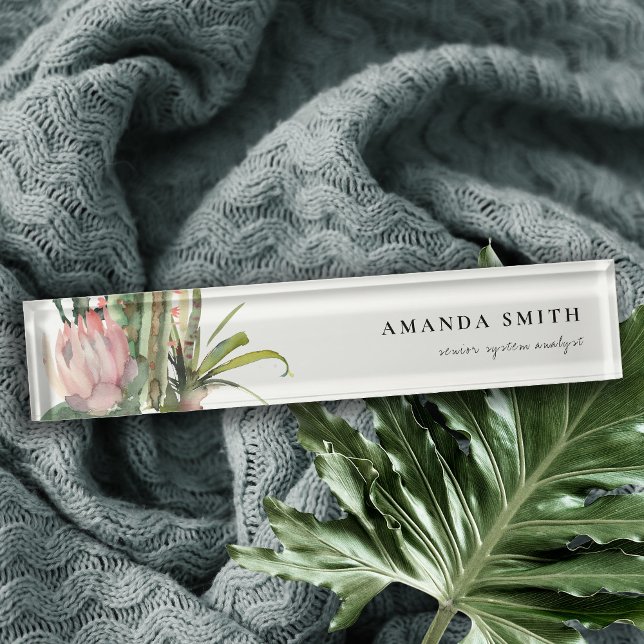 BOHO PINK FLORAL DESERT CACTI FOLIAGE WATERCOLOR NAMEPLATE (Creator Uploaded)