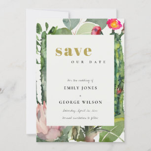 BOHO PINK FLORAL DESERT CACTI FOLIAGE WATERCOLOR SAVE THE DATE