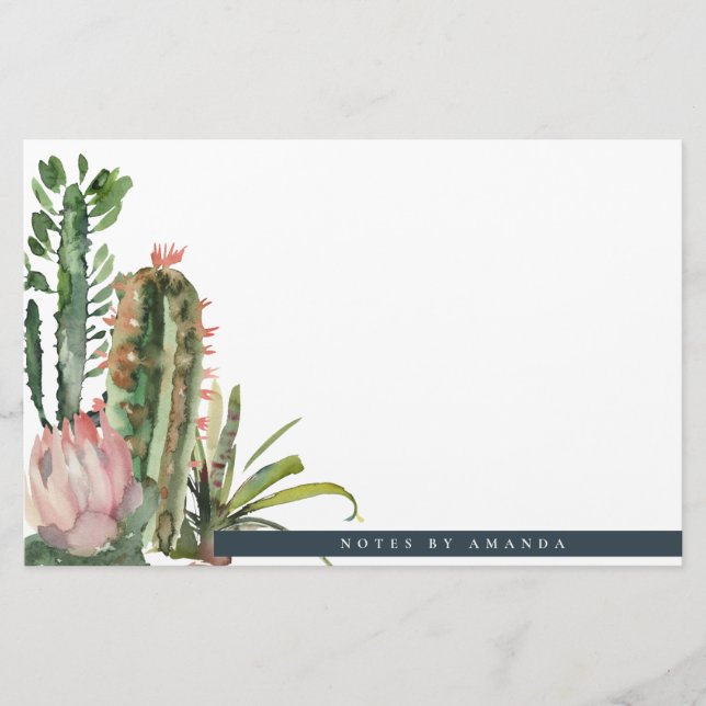 BOHO PINK FLORAL DESERT CACTI FOLIAGE WATERCOLOR STATIONERY (Front)