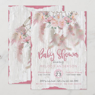 BOHO Pink Floral DreamCatcher Tribal Baby Shower Invitation