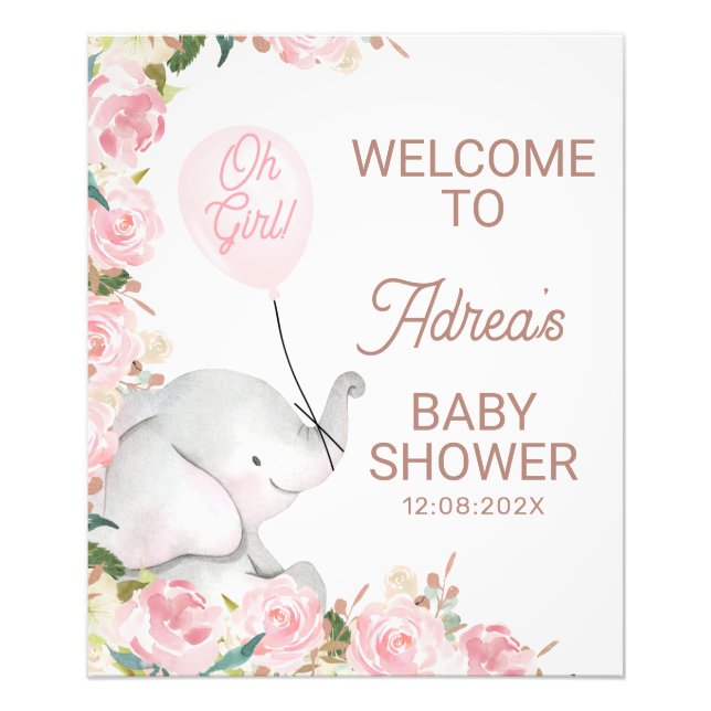 Boho Pink Floral Elephant Balloon Baby Shower Sign (Front)