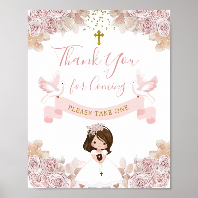 Boho Pink Floral Girl 1st Holy Communion Thank You Poster (Front)