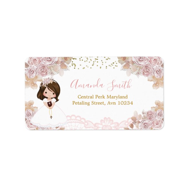 Boho Pink Floral Girl First Holy Communion Address Label (Front)