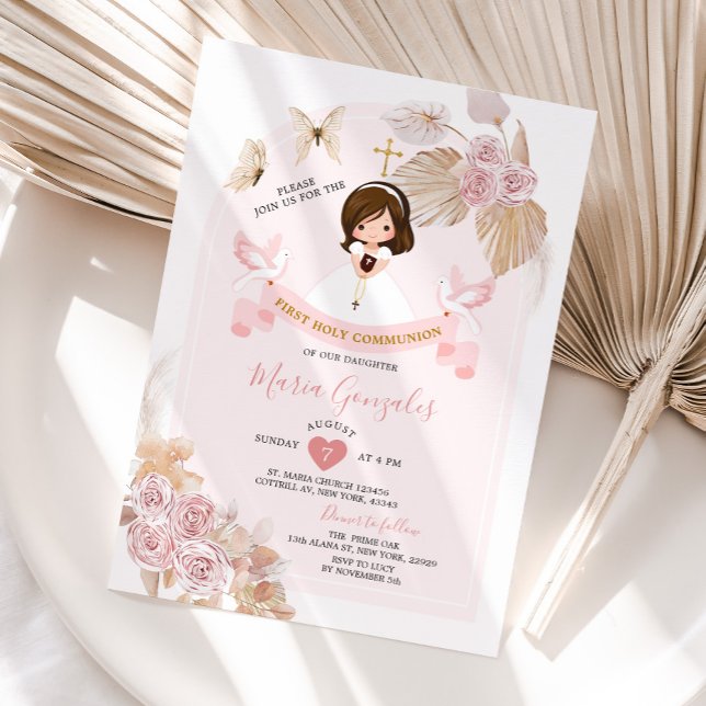 Boho Pink Floral Girl First Holy Communion Invitation (Creator Uploaded)