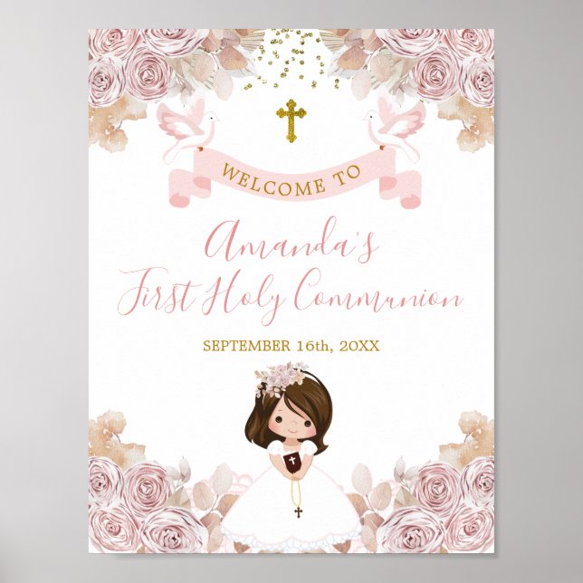 Boho Pink Floral Girl First Holy Communion Welcome Poster (Front)