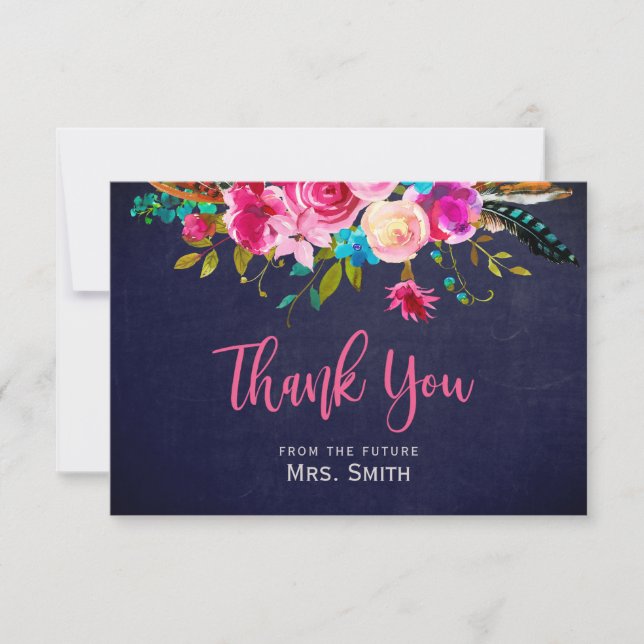 Boho Pink Floral Navy Bridal Shower Thank You Card (Front)