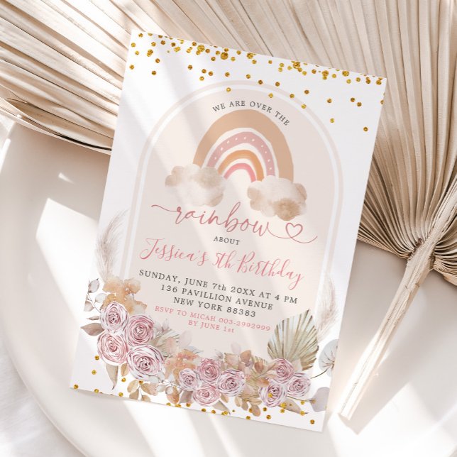 Boho Pink Floral Over The Rainbow Birthday Invitat Invitation (Creator Uploaded)