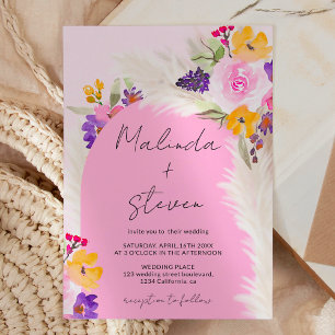 Boho pink floral pampas desert arch wedding invitation