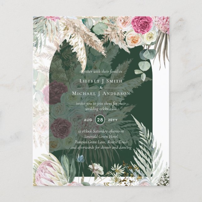 BOHO Pink Floral Pampas Grass Wedding Flyer (Front)