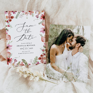 Boho Pink Floral Photo Wedding Save The Date  Invitation